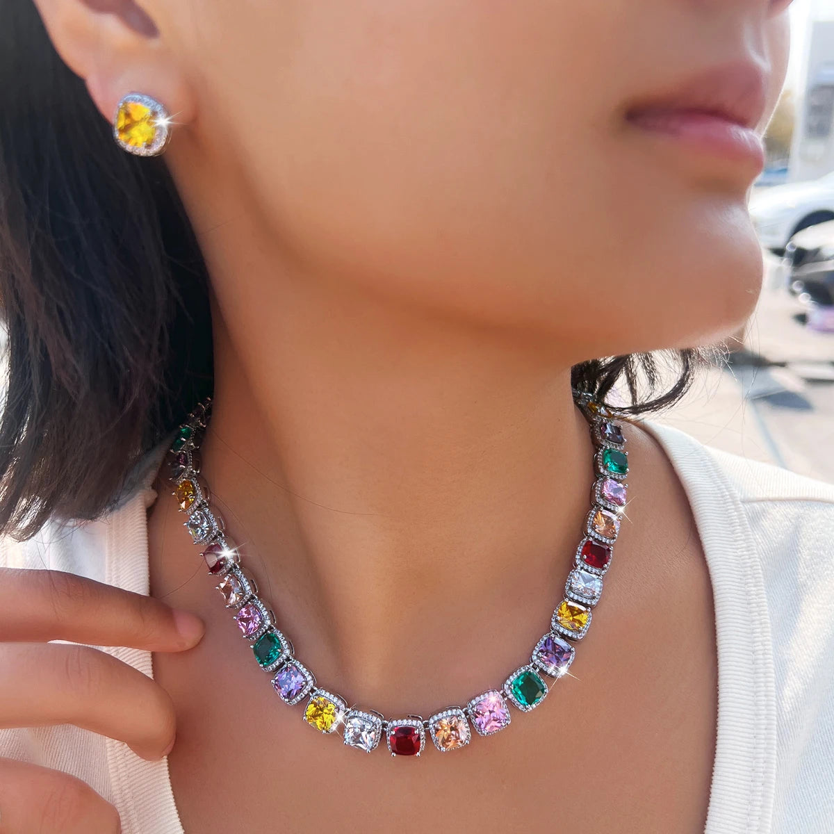 Multicolor CZ Set Rainbow Square Tennis Zircon Chain Link Necklace Earrings Set for Brides Wedding With Rhodium Plated Jewelry