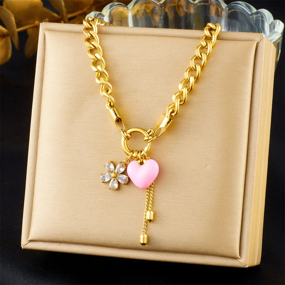 Hot Sell Fashion Stainless Steel Pink Heart Pendant Necklace and Bracelet Set Women Gold Jewelry Set