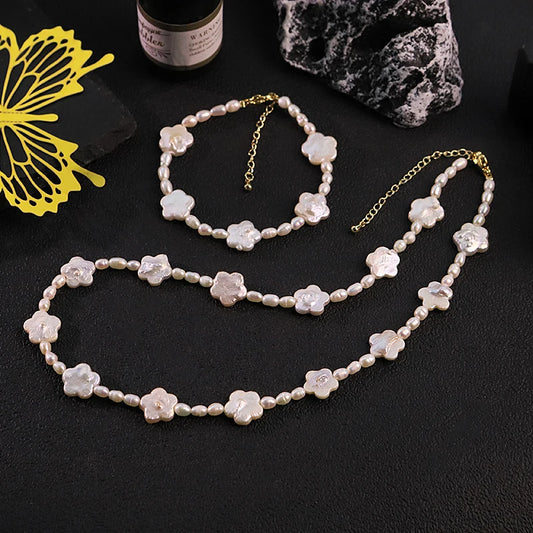 GLSEEVO Natural Flower Shaped Baroque Pearl Jewelry Set Floral Necklace Bracelet Gift for Mother's Day Birthday Fashion Jewelry