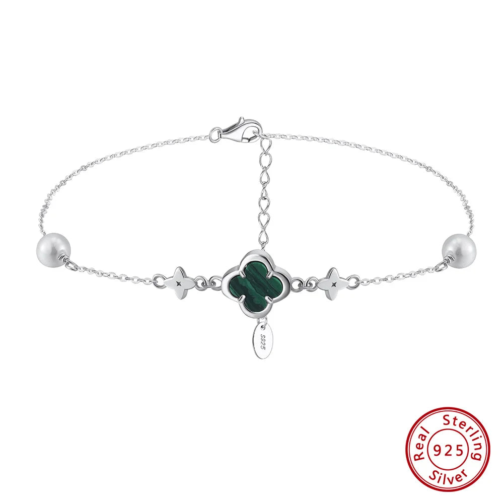 Natural Malachite Four Leaf Clover Shape with Shell Pearl 925 Sterling Silver Chain Anklet for Women