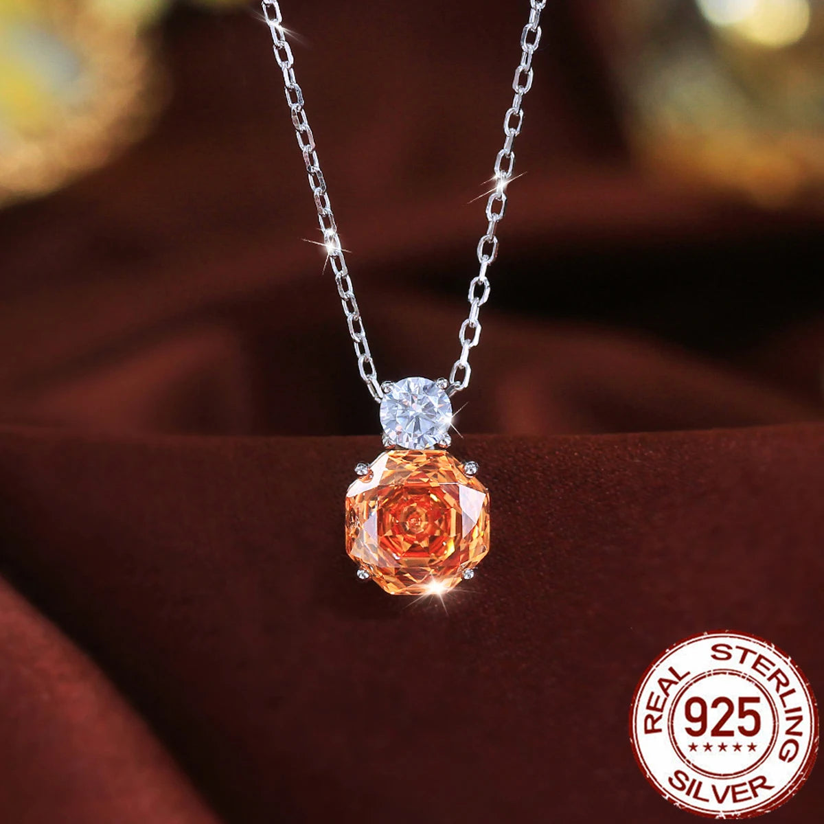 S&S 925 Sterling Silver Champagne Rose-Cut CZ Pendant Necklace – Rhodium Plated – Collection