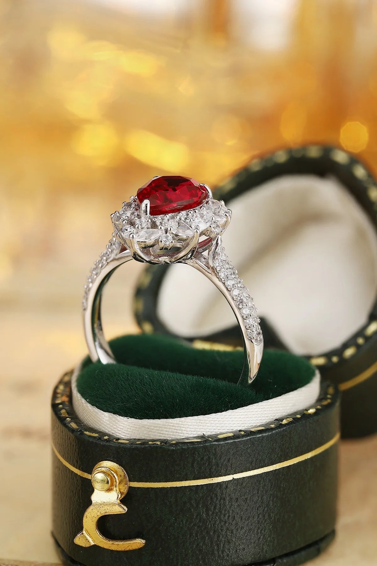 Gemfiori Retro Design Pear 2.4ct Lab Grown Ruby Sterling Silver 925 Engagement Ring Rhodium Plated Prong Setting Personalized Wedding