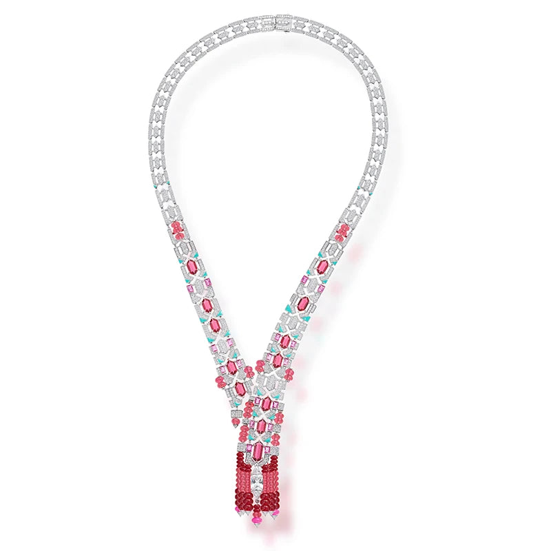 Online Purchase of Red Bead Tassel Necklace Earrings  High-end Inlaid Zircon Handmade Enamel Dubai Fashion Jewelry