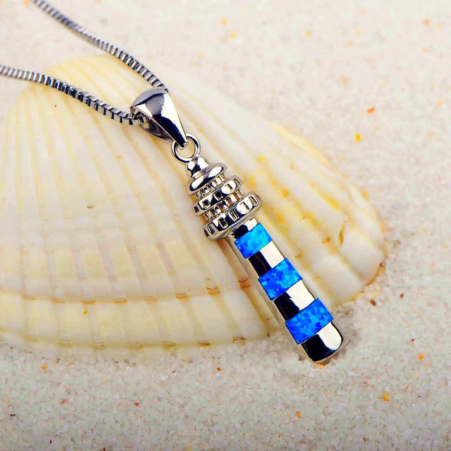 Aobao Christian Copper Blue Opal Geometric Lighthouse Necklace Silver Plated Sweater Chain Pendant Gift
