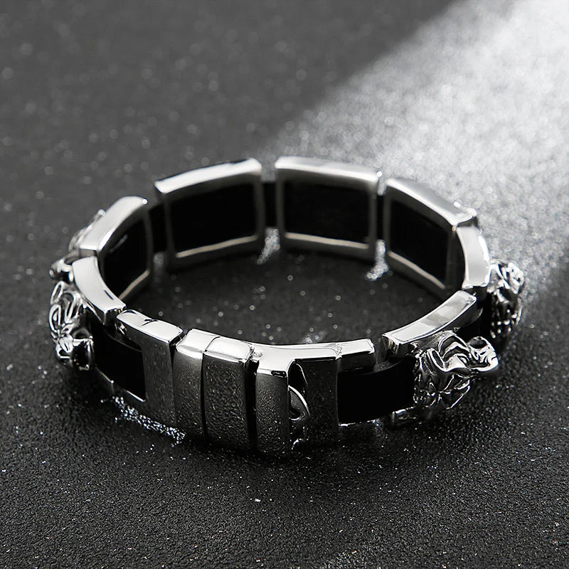 REBEL Punk Fine Jewelry Fashion Bracelets Stainless Steel Leather Tiger Charm Links Bracelet