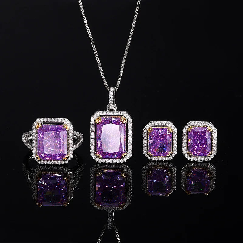 Gemfiori Women Jewelry Set New High-end Luxury Princess square Zirconia Necklace Ring square Zirconia Earring Set