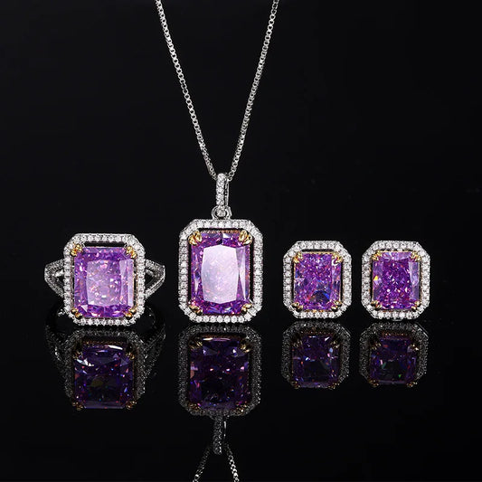 Gemfiori Women Jewelry Set New High-end Luxury Princess square Zirconia Necklace Ring square Zirconia Earring Set