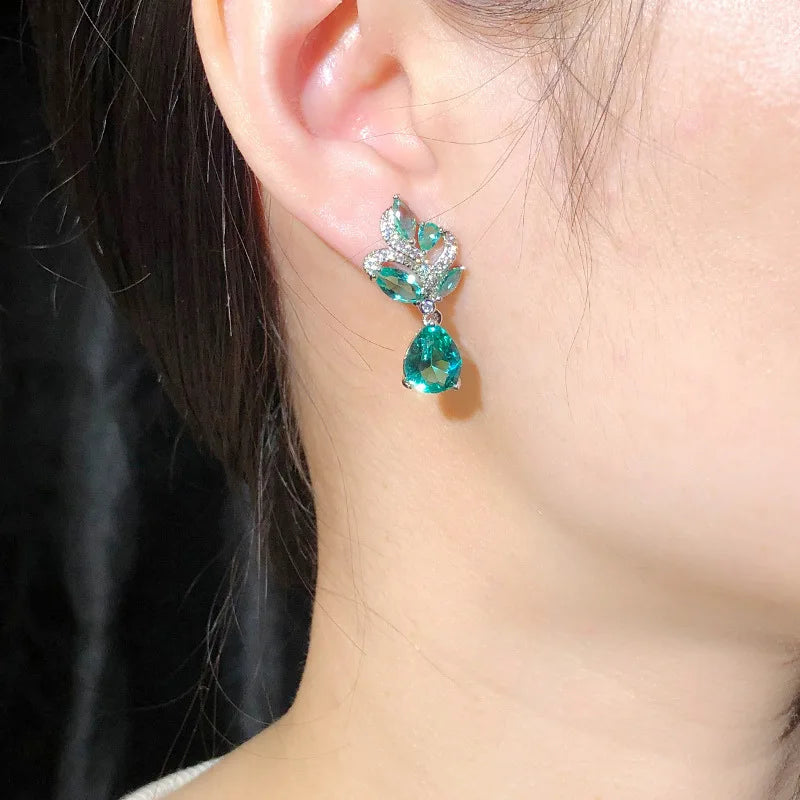 Chic Korean Style Bright Blue Waterdrop CZ Cubic Zircon Crystal Leaf Pendant Necklace Earrings Ladies Jewelry Set Gift Silver