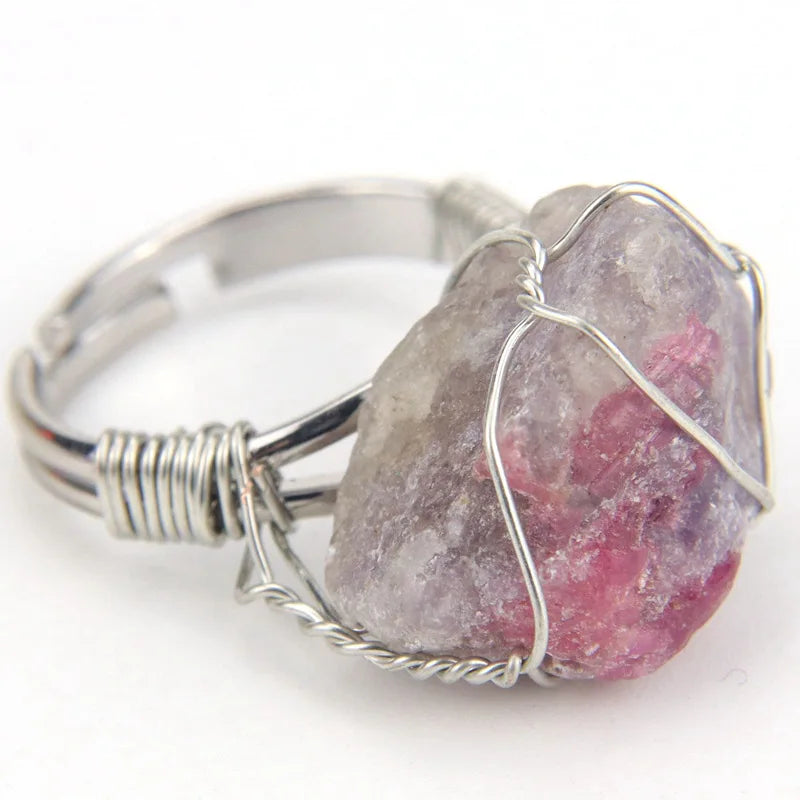 Men Women Large Stone Rings Wire Wrapped Crystal Resizable Gem Ring