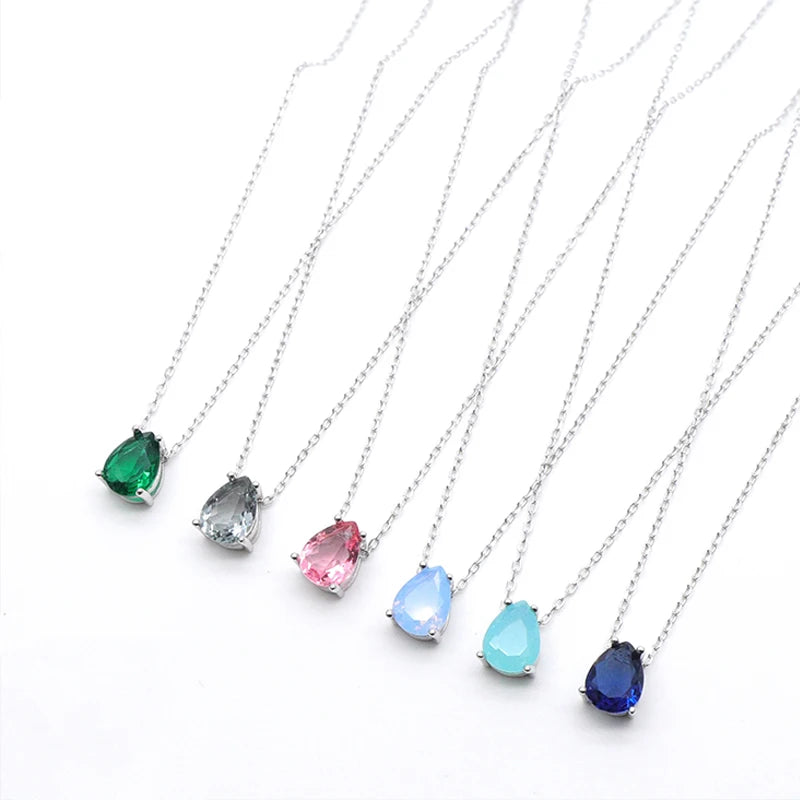 925 Sterling Silver 6*8MM Zircon Water Drop Shaped Color Zircon Necklace Women Minimalist Jewelry