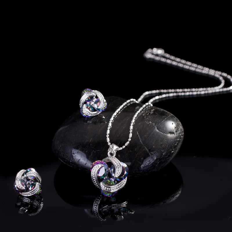 S&S Multi-Colour Fire Topaz CZ Pendant Necklace & Stud Earrings Set – White Gold Plated – Collection