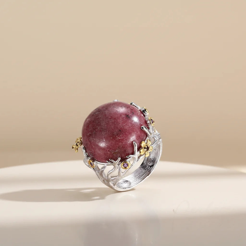 Big Rhodochrosite Stone 925 Sterling Silver Jewelry Ring With White Gold Plated