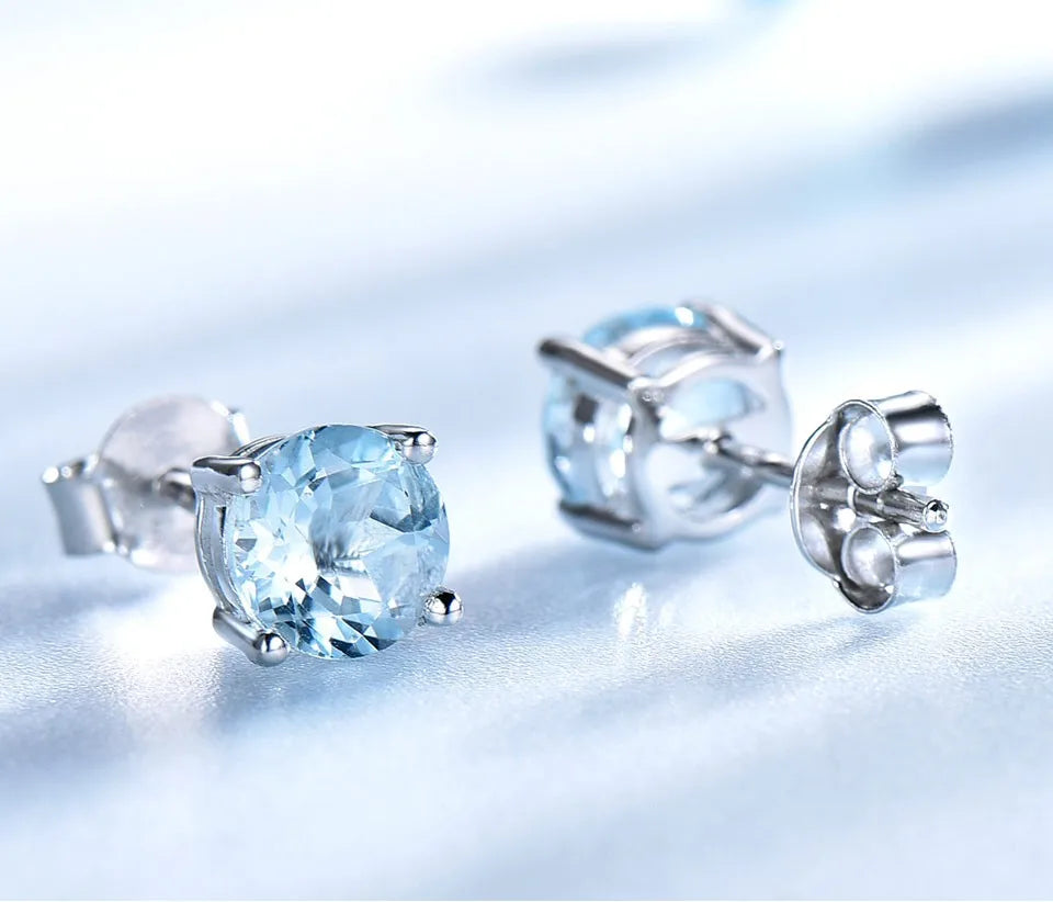 Fashion Zircon Sky Blue Stud Earrings Round 925 Sterling Sliver Gemstone Stud Earrings Jewelry for Women