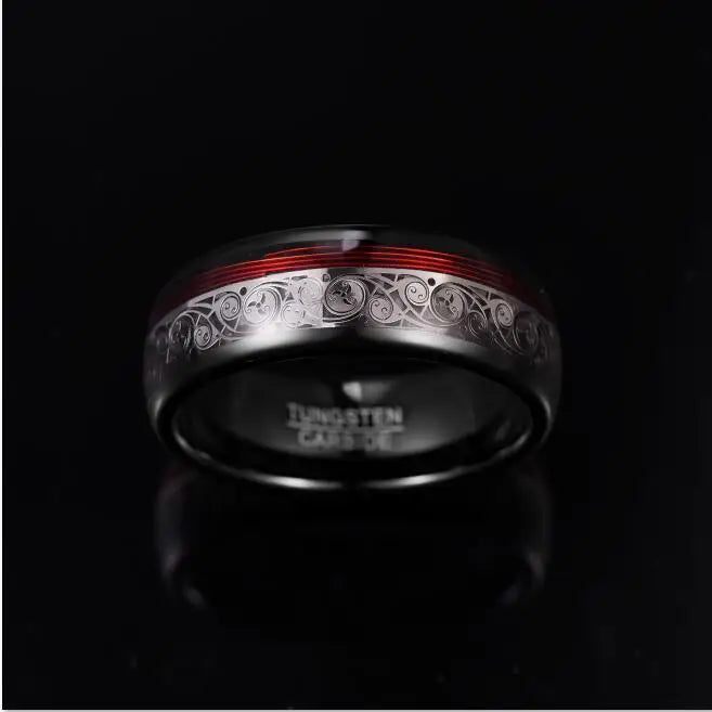 REBEL 8mm Width Black Plated Inlaid Triple Spiral Pattern Red Guitar String Men's Tungsten Ring Jewelry