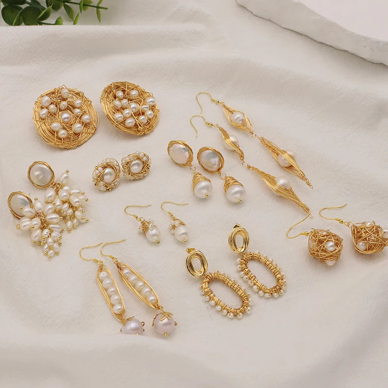 Natural Freshwater Pearls Metal Stud Earrings  Geometric Irregular  for Women Girl Gift Pearl Earrings Fashion Jewelry