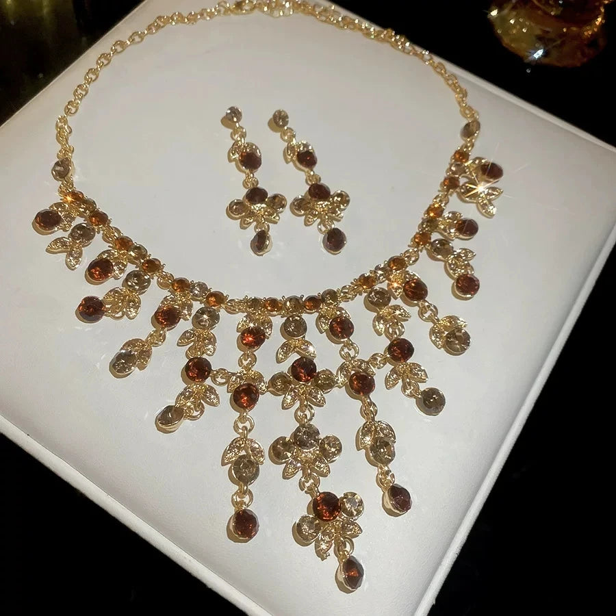 XM S389 Gold Plated Coffee Brown Topaz Tassel Water Drop Pendant Necklace & Drop Earrings Set