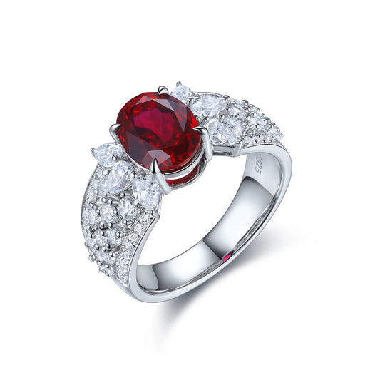 Gemfiori New Popular Lab Grown Ruby Ring 7*9mm 3.5 Carat Lab Created Engagement Ring 925 Sterling Silver Lab Ruby Ring for Giftgs
