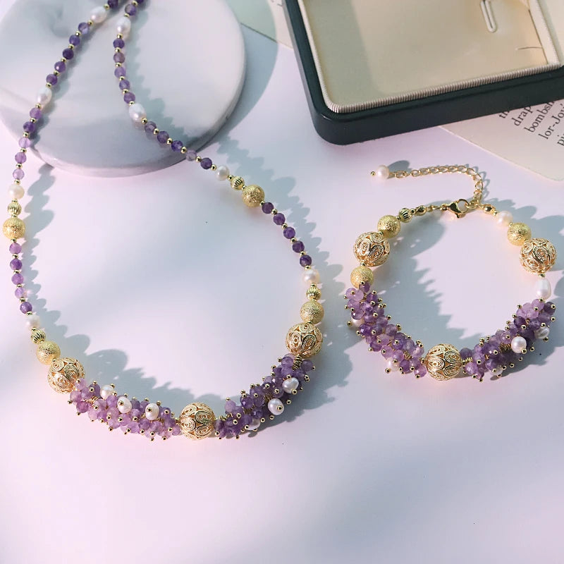 Natural Freshwater Pearl Amethyst Copper Beads Set Luxury Design Wedding Banquet Women Jewelry GS0212