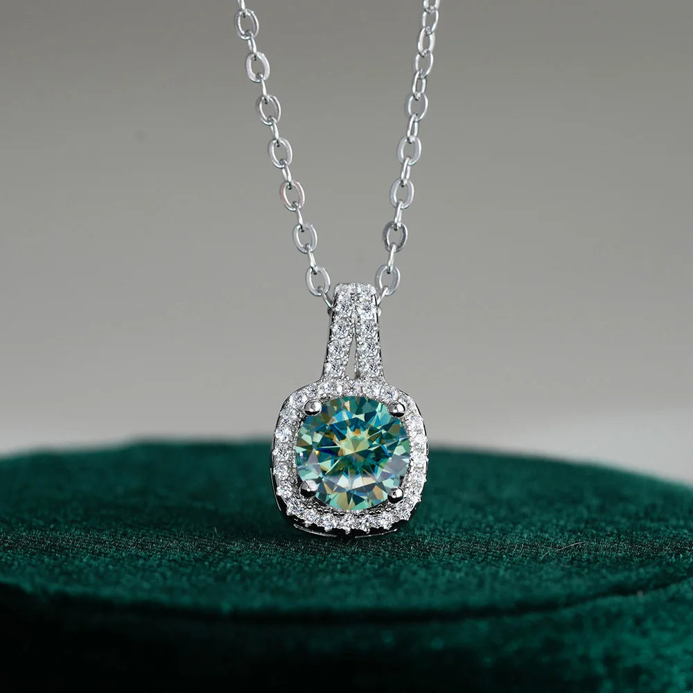 Fine Jewelry 925 Silver Square Bezel Set Round Cut 1CT 2CT VVS GRA Certified Colorful Moissanite Diamond Pendant Necklaces Women