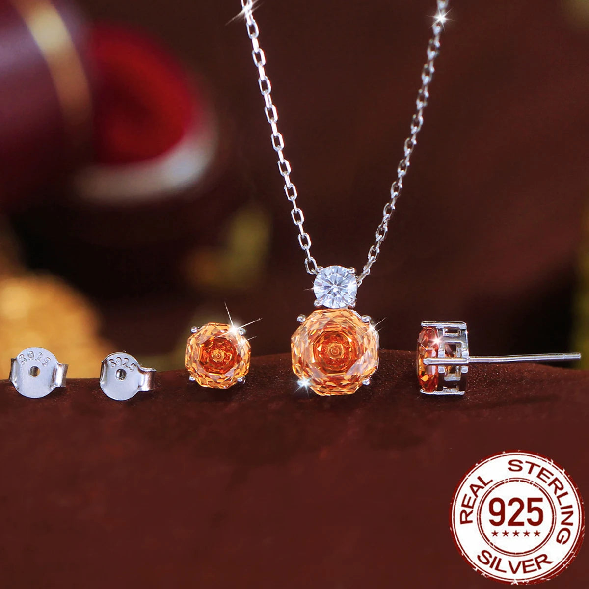 S&S 925 Sterling Silver Champagne Rose-Cut CZ Fine Jewellery Set – Necklace & Earrings – Collection