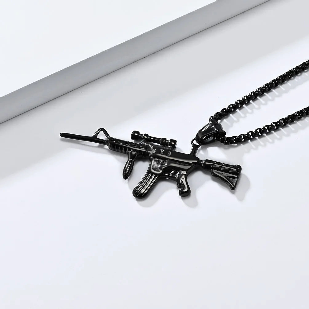 Tempusort Wholesale Gold Plated M416 Assault Rifle Retro Hip Hop Stainless Steel Pendant Necklace Fashion Jewelry for Men Gifts