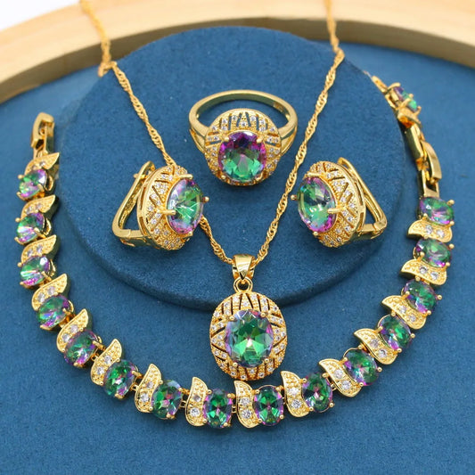 Geometric Gold Plated Set for Women Rainbow Stones Alloy Bracelet Hoop Earrings Necklace Ring for Wedding Party Birthday Gift