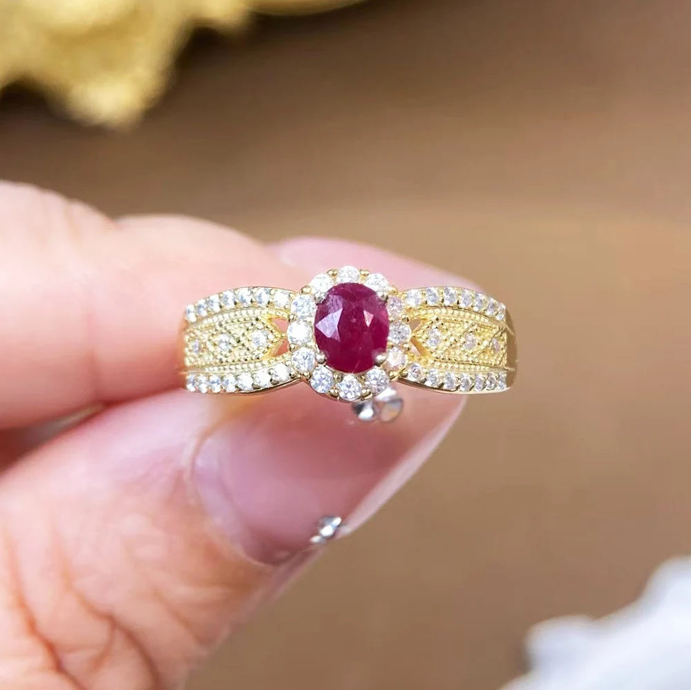 Gioiellieri Charming Traditionally Heated Earth Mined Gemstone Oval Cut 925 Stamped Sterling Silver Wave Natural Ruby Ring for Engagement