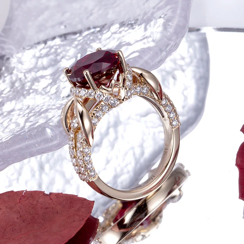 Gemfiori Messi Gems MSR-816 Engagement Ring 14K Yellow Gold 9.5mm Round Lab Created Ruby Fine Jewelry Rings