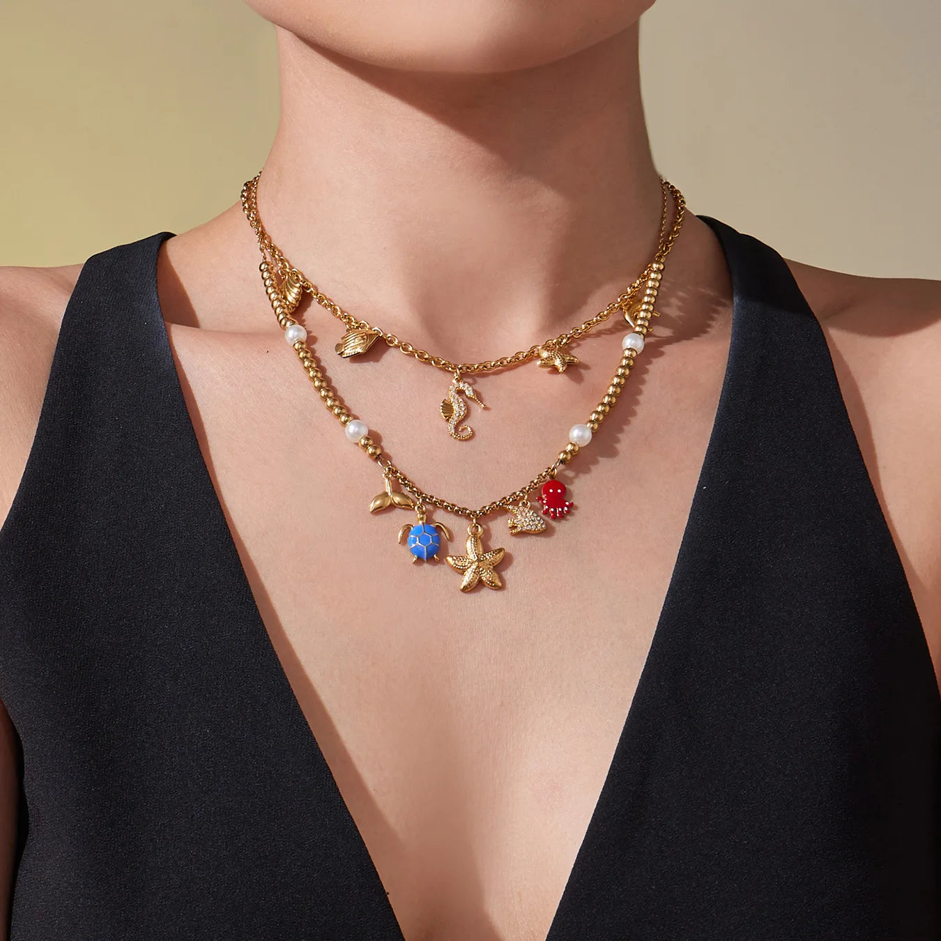 Seahorse & Starfish Natural Stone Multi-Pendant Necklace | 18K Gold Plated Coastal Fashion Jewellery