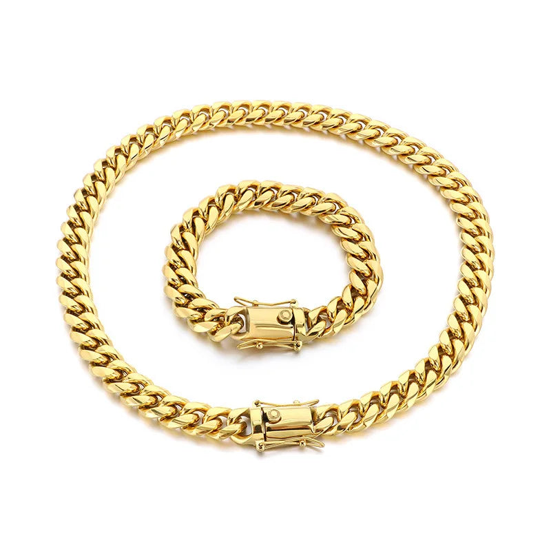 REBEL Hip Hop Cuban Chain Necklace & Bracelet | 12mm Stainless Steel Multi-Size