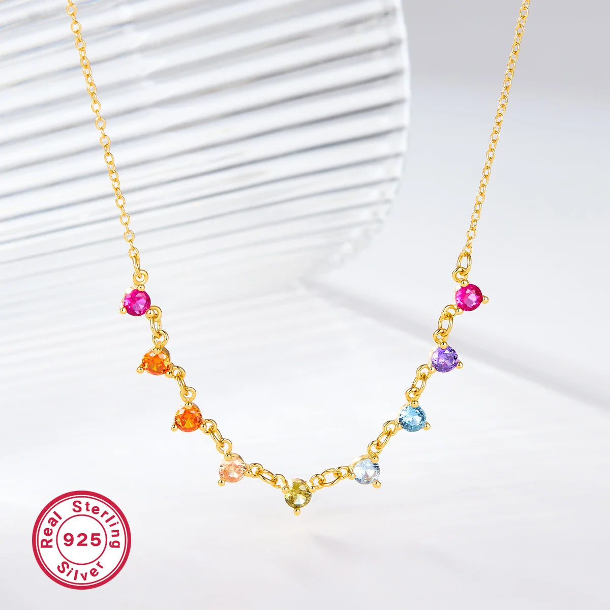 Hypoallergenic Women's Girls 925 Sterling Silver Necklace Gold Plated Rainbow Zirconia Party Choker Jewelry Wholesale Bulk