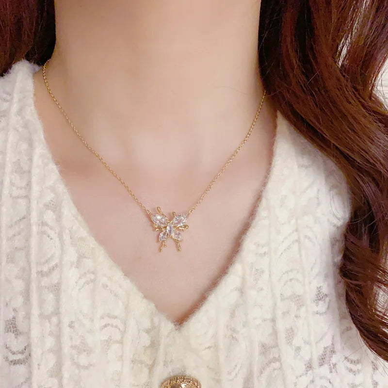 Hot Selling Fashion Exquisite Butterfly Necklace Earrings Ring Set with Zircon Women's  Classic Real Gold Plated Jewelry Set