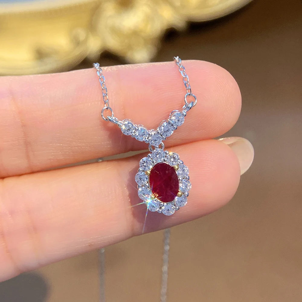 Gioiellieri Natural Red Ruby Pendant Necklace S925 Sterling Silver Fine Jewelry for Women Fashion Gemstone Charm Anniversary Gift