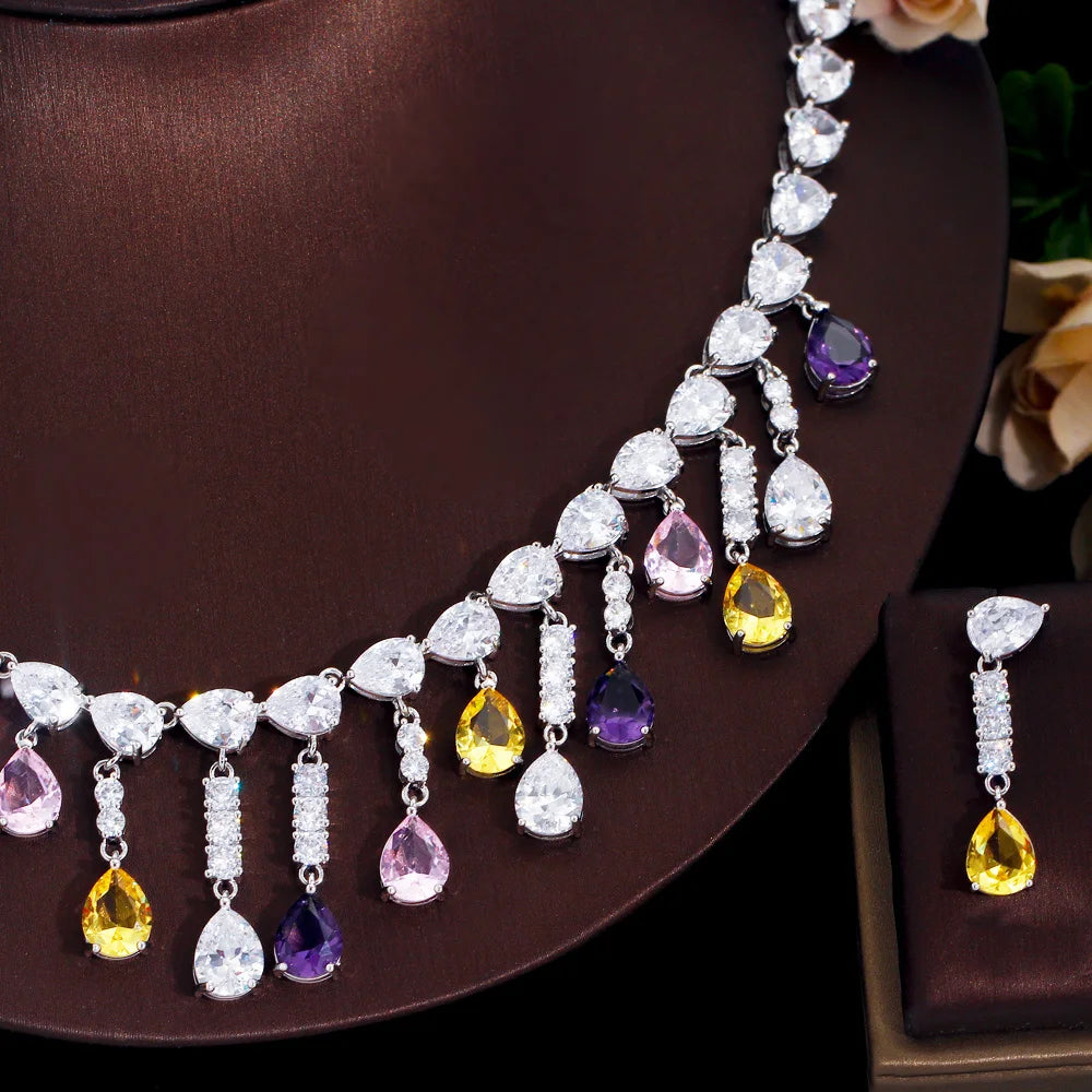 Silver Plated Full Water Drop Multicolor Cubic Zircon Stone Tassel Necklace and Earring Prom Engagement CZ Jewelry Set for Women