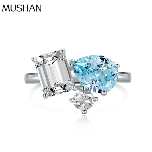 MuShan Jewelry Factory New Fashionable Sea Blue Irregular S925 Pure Silver Ring Women'S European and American Jewelry