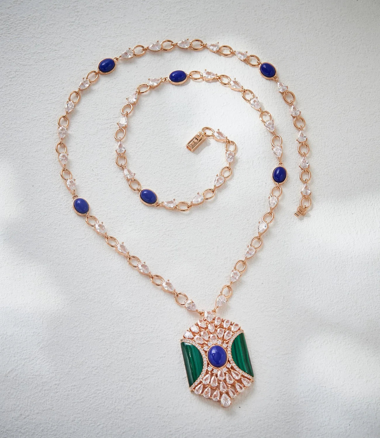 Luxury Green Malachite & Blue Stone Claw-Set Long Tassel Pendant Necklace & Earrings Dubai Bridal Set — Rose Gold Plated