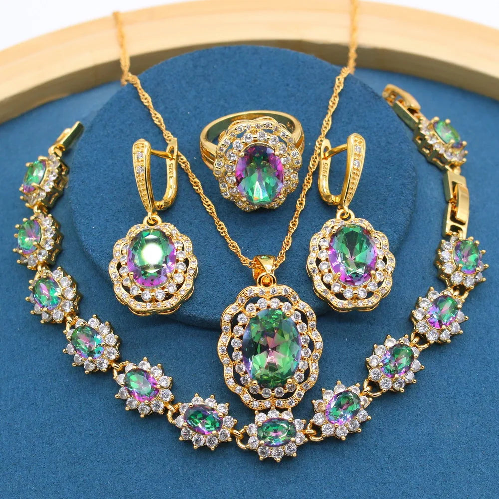 XOTICA Dubai Bridal Wedding Jewelry Sets for Women Gold Plated Rainbow Necklace Earrings Bracelet Ring Set