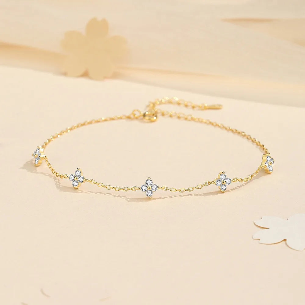 Tarnish Free Fashion 925 Sterling Silver Clovers Flower Anklet for Women Cubic Zirconia Leg Chain Link Lucky Jewelry Gifts