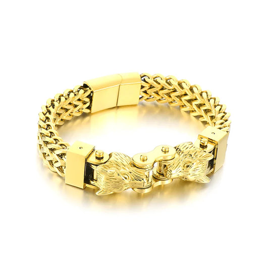 KALEN Men Punk Gold/Silver/Black/Oxidized Black Stainless Steel Wolf Head Charm Herringbone Chain Bracelet