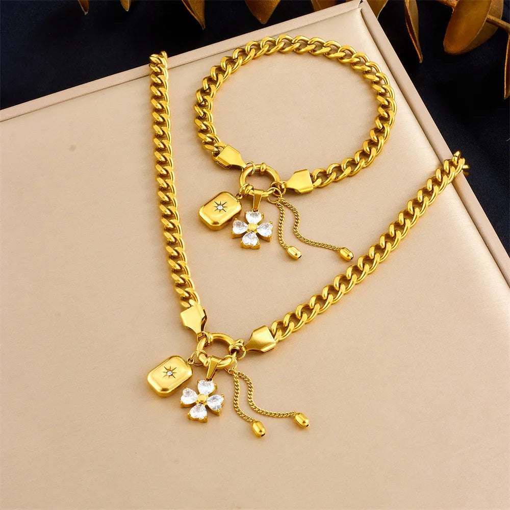 Hot Sell Fashion Stainless Steel Gold Flower Pendant Necklace and Bracelet Set Women Gold Jewelry Set