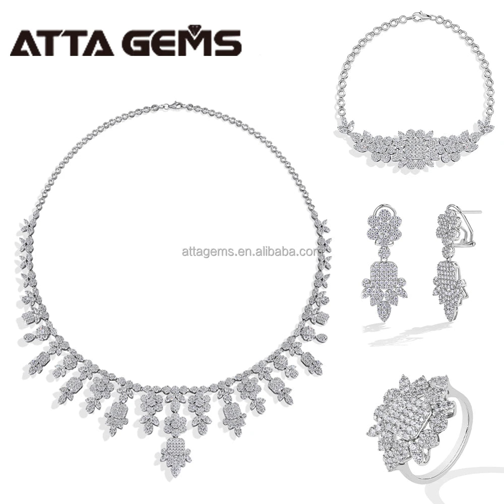 ATTA Luxury 925 Silver Jewelry Set High Density Setting D Color Moissanite Necklace Earrings Ring Bracelet Bridal Set Wholesale