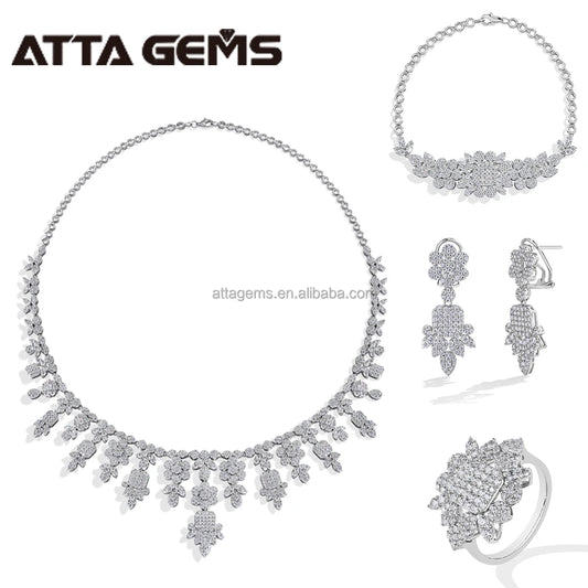 ATTA Luxury 925 Silver Jewelry Set High Density Setting D Color Moissanite Necklace Earrings Ring Bracelet Bridal Set Wholesale