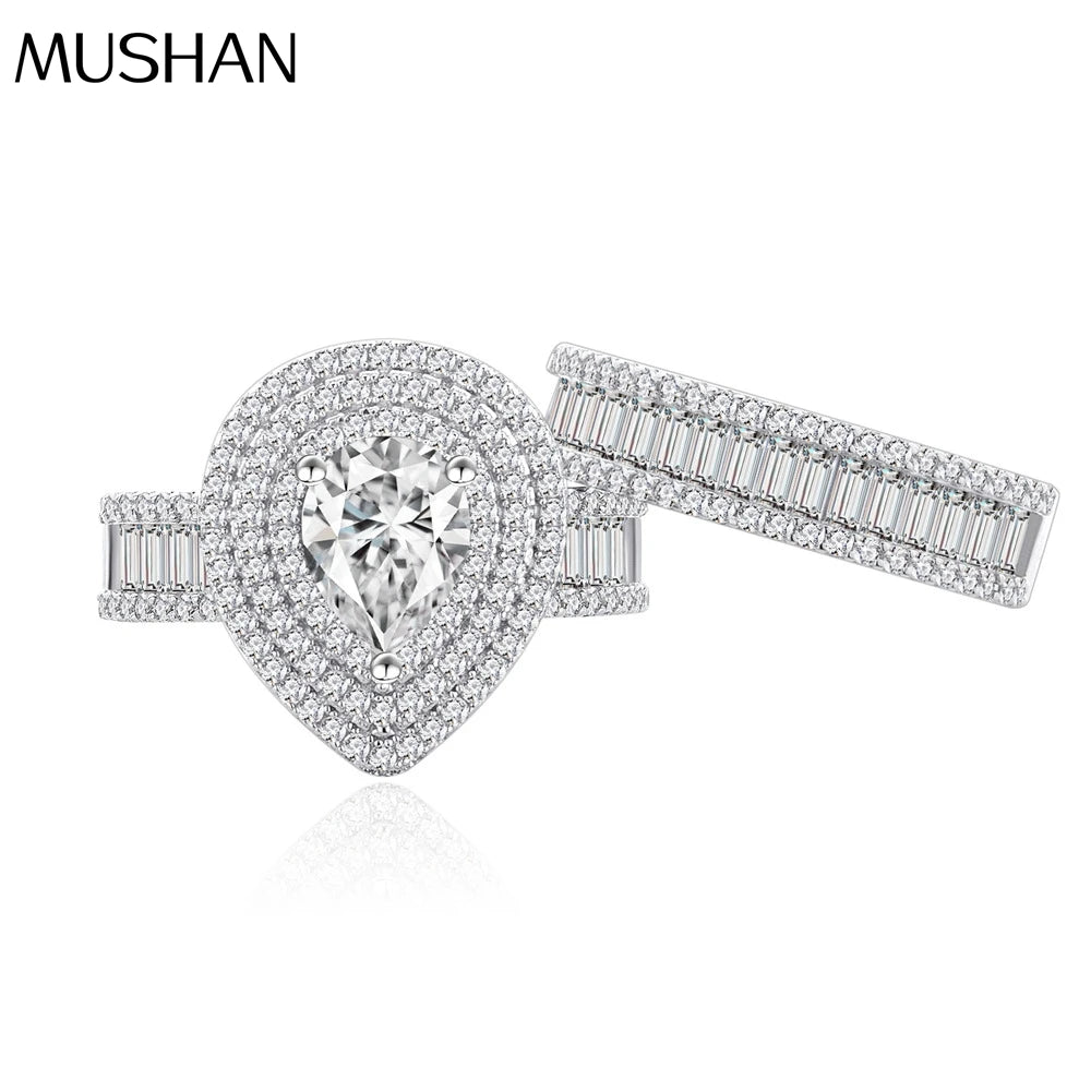 MuShan Jewelry Factory New Micro Inlaid Diamond Water Drop Pair Ring S925 Pure Silver Zircon Ring for Women Fashion Set