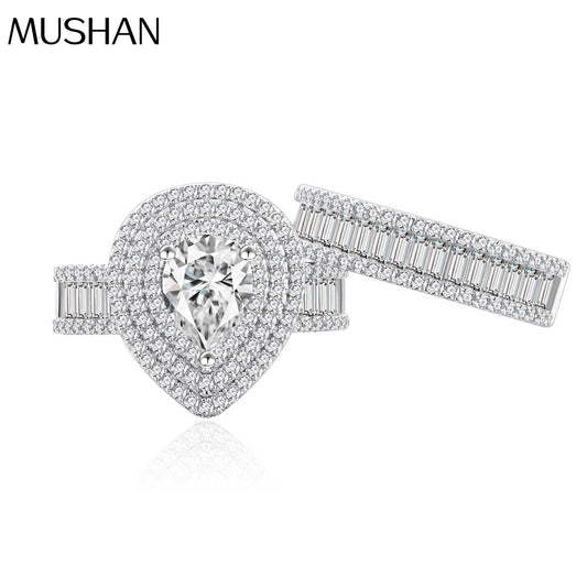 MuShan Jewelry Factory New Micro Inlaid Diamond Water Drop Pair Ring S925 Pure Silver Zircon Ring for Women Fashion Set