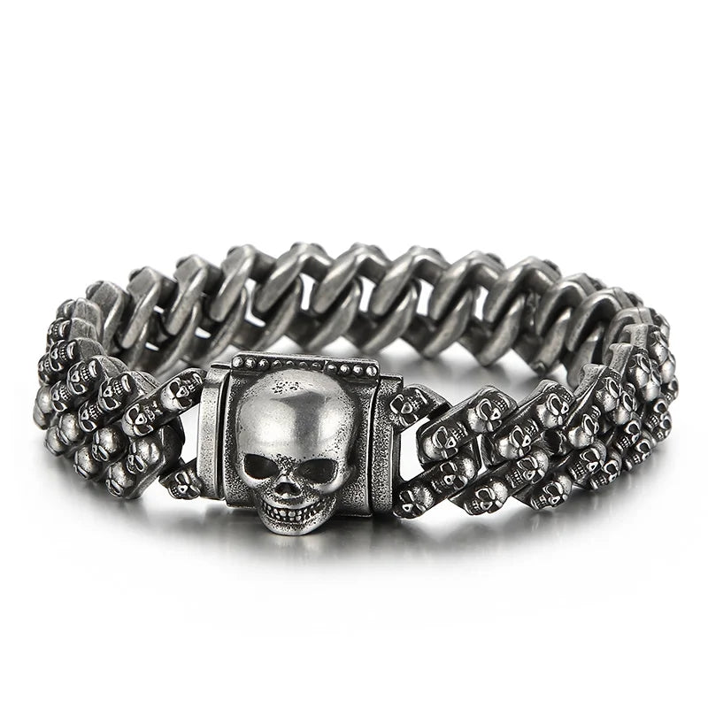 VIKING Mens Punk Skull Charm Link Bangle Bracelet – Silver, Black & Gold