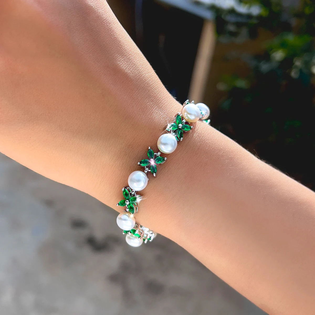 S&S CZ Flower & Leaf Chain Link Bracelet – Pink, Green & White – Collection
