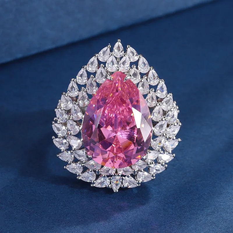 Gemfiori European and American New Light Luxury pink Zircon Pendant Ring High-end Micro Inlaid Water Droplet Shaped Dazzling Jewelry Set