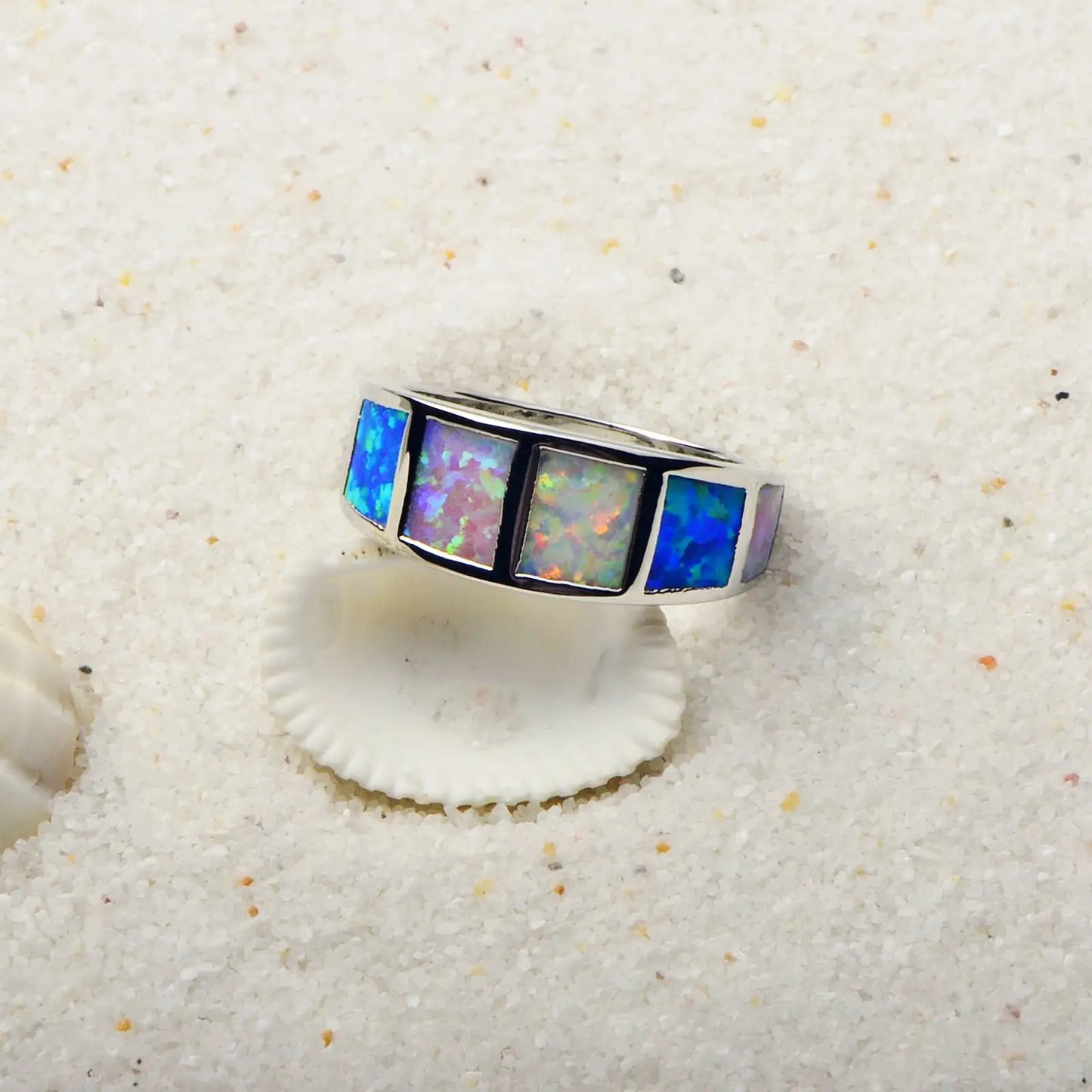 Iridescent Multi-Color Opal Striped Ring | Stainless Steel Shiny Band | Vibrant Rainbow Gem Inlay Fashion Jewelry for Men Women