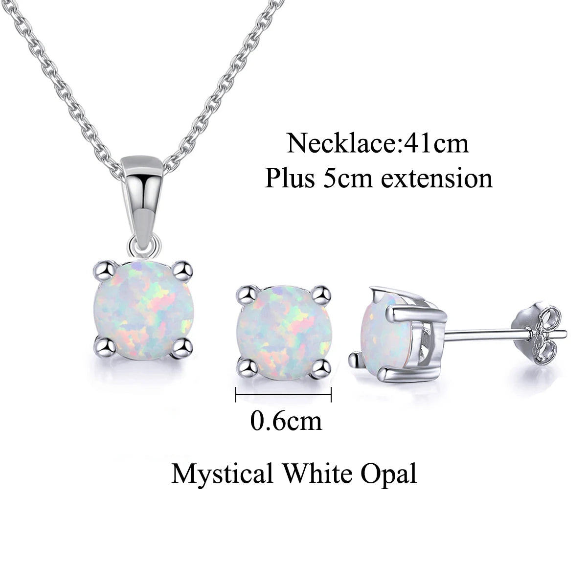 S&S 925 Silver White Opal Necklace & Earrings Set – 4-Claw Round Setting – Rhodium Plated – Collection