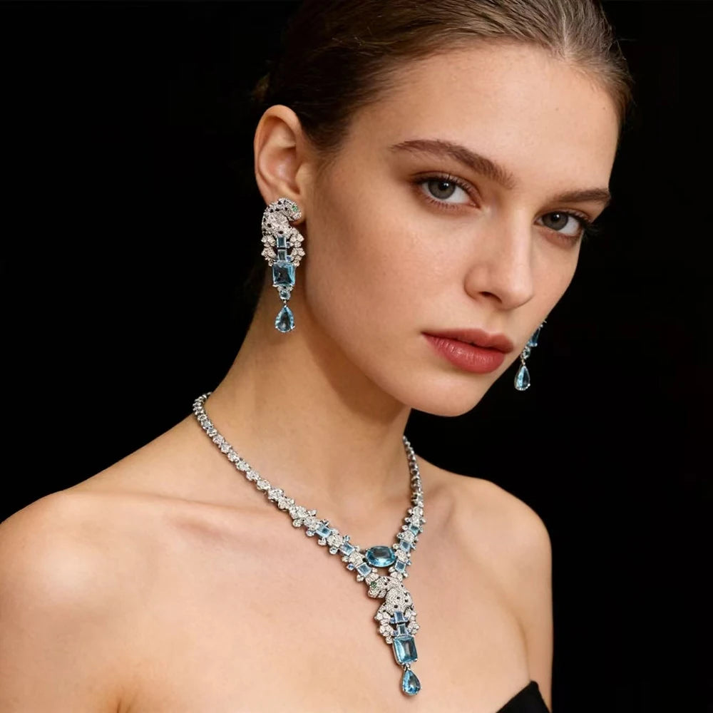 XM S36 Luxury Blue Zircon Brass Jewelry Set Silver Plated Necklace Drop Earrings Women Bridal Wedding Party Prom Jewelry